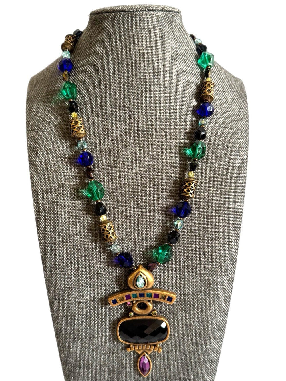 Vtg Chico’s Egyptian Revival Art Deco Pendant Amulet Necklace Jewel Tone Boho